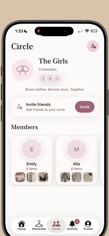 Borrowed Circle page with members and invite prompt